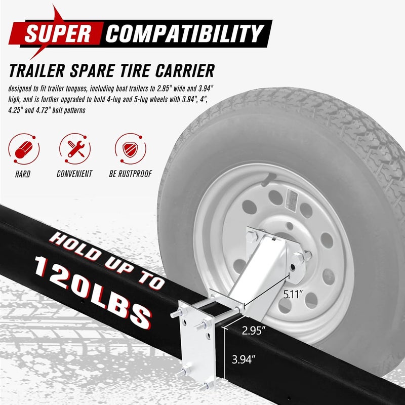 FIERYRED Trailer Spare Tire Mount,120LBS Spare Tire Carrier for Trailer,Utility Trailer and Boat, Tire Holder Bracket Fits 4 & 5 Lugs Wheels, Hold 3.94”, 4”, 4.25” and 4.72” Bolt Pattern - Image 2